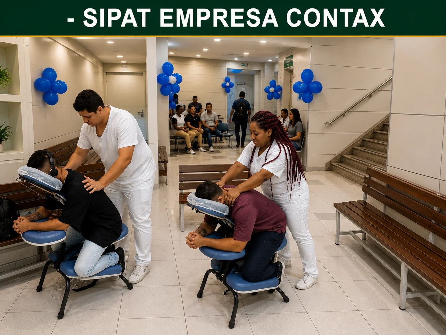Ação de SIPAT com quick massage para colaboradores em empresa no Rio de Janeiro